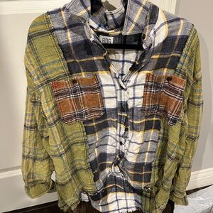 BDG Green and Blue Oversize Casual Button Down Shirt with Patchwork Design